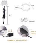 Diagram showing Slim LED Under Cabinet Lighting Puck Lights with installation details and adhesive options.