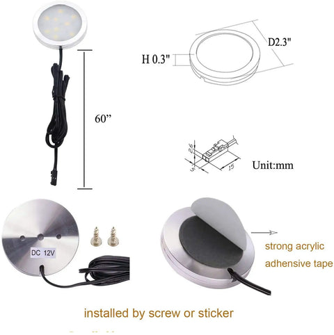 Diagram showing Slim LED Under Cabinet Lighting Puck Lights with installation details and adhesive options.