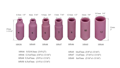 Pro Grade TIG Alumina Nozzle Set For SR WP 17 18 26 Torches Ceramic Cups sizes 1/4" to 3/4", items 10N44 to 10N50, 10 pieces