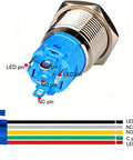 Back view of Two Pack 16mm Stainless Steel Latching Push Button Switch Waterproof IP65 12V 24V 5A SPDT On Off 1NO1NC With Blue LED
