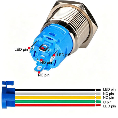 Back view of Two Pack 16mm Stainless Steel Latching Push Button Switch Waterproof IP65 12V 24V 5A SPDT On Off 1NO1NC With Blue LED