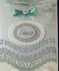 Handmade card with Vintage Lace Die Cuts 6 Piece Set With Wavy Border Edges featuring intricate lace design and decorative elements.