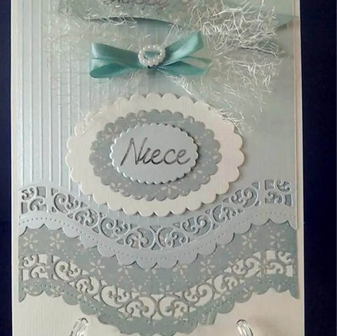 Handmade card with Vintage Lace Die Cuts 6 Piece Set With Wavy Border Edges featuring intricate lace design and decorative elements.