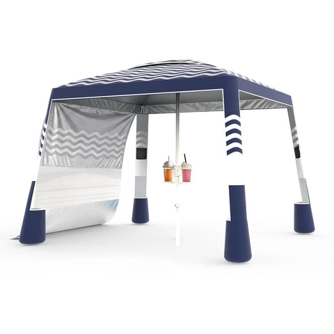 Beach Cabana Sun Shade Tent 8x8 Ft Portable Canopy With UPF 50 Plus Silver Coated Fabric Sandbags Side Wall Easy Setup Navy Stripes