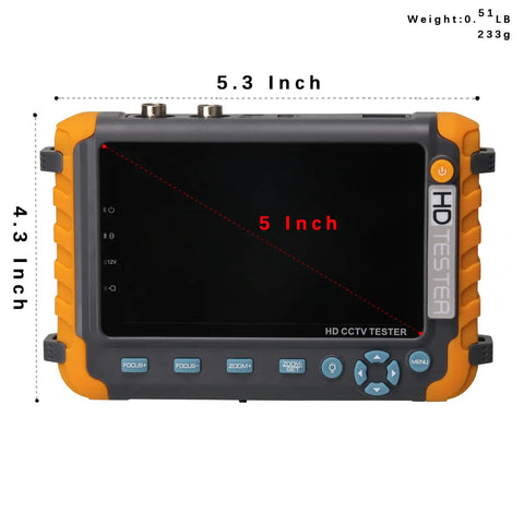 Five Inch CCTV Tester Monitor For Analog Cameras, HDMI And VGA Input, Six In One Debugging Tool dimensions shown on screen
