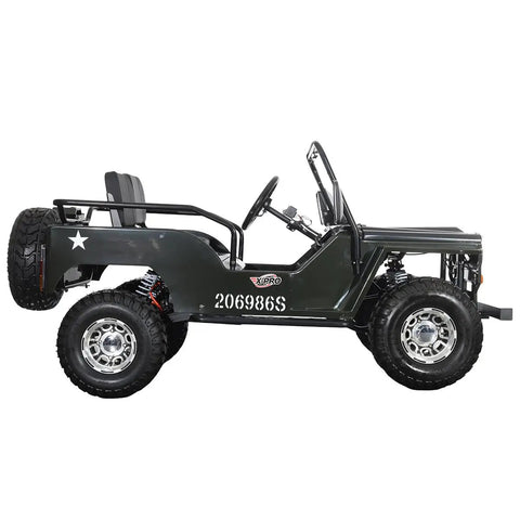 E Ranger 3000W Electric Go Kart For Kids With Brushless Motor 60V 20Ah Battery Off Road Buggy Side View Army Green