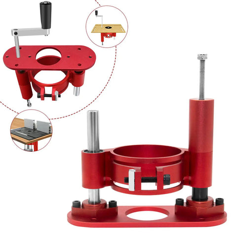 Heavy Duty Router Table Insert Plate With Manual Crank Lift Kit For Woodworking Benches, red metal construction, adjustable height.