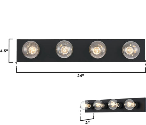 Four Light Vanity Light Fixture In Matte Black Low Profile Backplate Fits Tight Spaces Between Cabinets And Ceiling Vertical Or Horizontal Mount Easy Install With Included Hardware, 4.5" x 24" dimensions