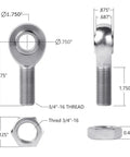 Super Heavy Duty 3/4 Inch Spherical Heim Joint Assembly With Dual Rod Ends and Precision End Fittings dimensions and details.