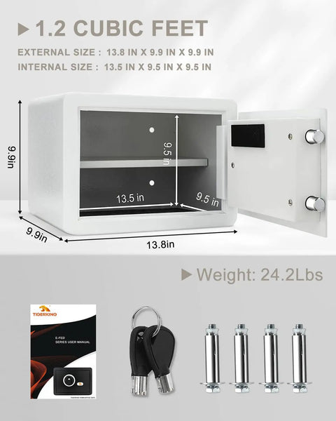 Biometric Fingerprint Home Safe With Quick Access Digital Lock Box 1.2 Cubic Feet White with open door and mounting accessories