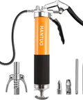Heavy Duty 8000 PSI Grease Gun Kit With Quick Release Coupler And One Hand Friendly Ergonomic Grip, visible with extensions and nozzle