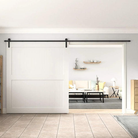 10 Foot Barn Door Hardware Kit For Single Sliding Door Heavy Duty Black Carbon Steel Track And J Shape Rail Includes All Necessary Hardware For Quick Smooth Installation For A 65 Inch Closet Panel No Door installed in a living room