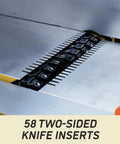 Close-up of 58 two-sided knife inserts on the Workhorse 16 Inch Parallelogram Jointer With Helical Head And Fifty Eight Carbide Inserts Seven Point Five Horsepower Cast Iron Table Runs Like A Dream For Knockout Jointing And Snappy Shop Service.