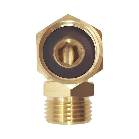 Brass Three Quarter Inch GHT Female To Three Quarter Inch NPT Male Elbow Hose Connector With 360 Degree Swivel For No Kink Garden Hose Setup Durable Fittings Easy Leak Free Attachment, front view
