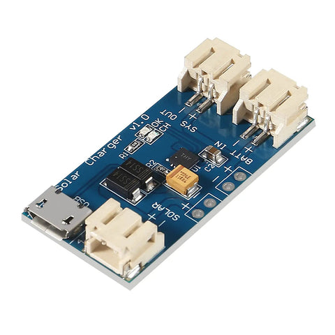 Super Slick CN3065 Mini Solar LiPo Charger Board With Micro USB Port For DIY Kits and Backyard Campouts, compact PCB with connectors.