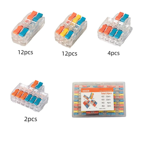 Variety of lever wire connectors kit, tool-free quick push-in splice connectors for lighting fixtures, 30-pack with mixed types.