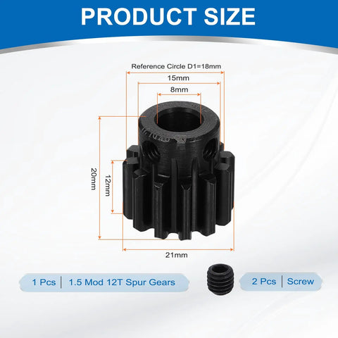 Mod 1.5 12T Pinion Gear 8mm Bore For RC Cars And DIY Motors, 1045 Steel Hardened Black Finish, 20 Degree Pressure Angle, Fits Spur Rack And RC Models, Perfect For Custom Builds And Power Upgrades. shown with 8mm bore and 21mm size