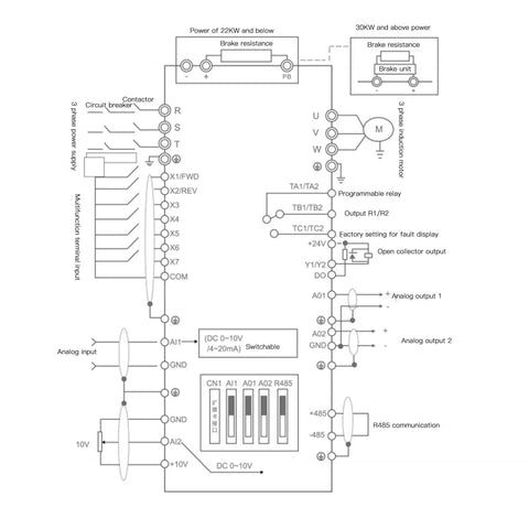 Beefy 380V Ac Variable Frequency Drive For Cnc Machines With Massive Heat Sink And Quiet Fan Delivering Killer Heat Dissipation Plus Smooth Speed Control For Low Noise Performance And Wide Range Use While Staying Rock Solid Under Heavy Loads. Wiring diagram showing terminals, R485 and analog inputs