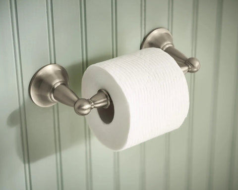 Toilet paper holder from Sage Collection 3 Piece Decorative Bath Hardware Set in brushed nickel, wall mounted in bathroom.