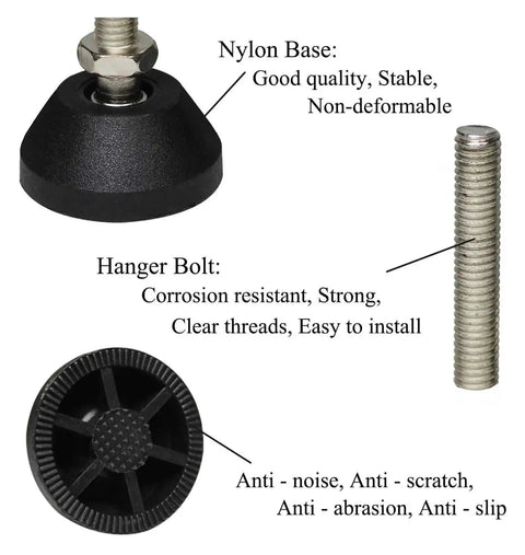 Top Shelf Swivel Leveling Feet For Furniture With M8 Thread Screws No Fuss Setup Heavy Duty Adjustable Base Leg Kit, nylon base and hanger bolt details.