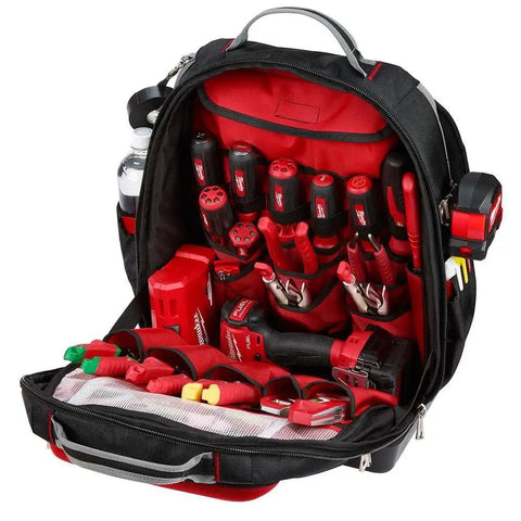 Heavy Duty Canvas Jobsite Backpack With 48 Pockets And Ultra Comfortable Load Bearing Harness featuring organized tools.
