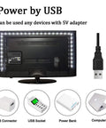 Setup Friendly USB TV Backlight Kit For 40 To 60 Inch HDTV shown with 5V USB connectors, power bank, computer for bias lighting