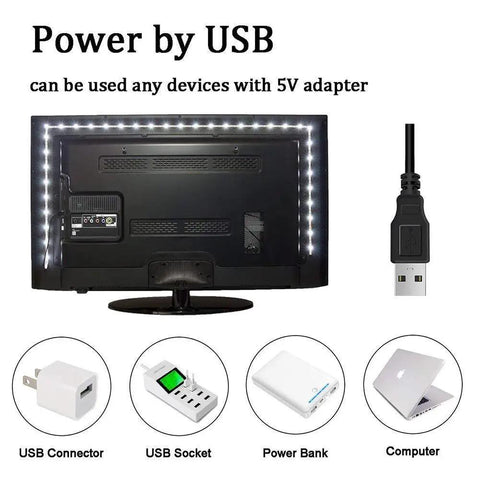Setup Friendly USB TV Backlight Kit For 40 To 60 Inch HDTV shown with 5V USB connectors, power bank, computer for bias lighting