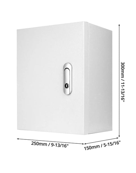Front view of Beefy Heavy Duty Outdoor Electrical Box With Lock And Keys Rugged Fiberglass Reinforced Polyester And Steel Construction 12x10x6 Inch Weatherproof Junction Box For Industrial Mall And Residential Use.