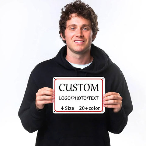 Person holding Custom 3x12 Inch Metal Sign Personalize With Your Text Or Photo For Office Home Bar Indoor Outdoor Decor Durable Steel Sign With Color And Font Options Your Message Your Style.