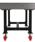 Heavy Duty 72 Inch Mobile Welding Station Built Tough With Locking Swivel Casters And Dead Nut Precision Holes Powder Coated Shop Table Made In Usa, showing top view and casters.