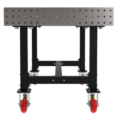 Heavy Duty 72 Inch Mobile Welding Station Built Tough With Locking Swivel Casters And Dead Nut Precision Holes Powder Coated Shop Table Made In Usa, showing top view and casters.