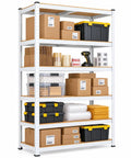 Heavy Duty 5 Tier Garage Shelving Unit With Adjustable Steel Frame And Reinforced MDF Boards Built Like A Tank To Carry Up To 2000 Pounds, showcasing organized storage boxes.