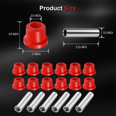 Rear Leaf Spring Bushing Kit For EZGO TXT Medalist 1994-Up And Club Car DS 1981-Up Golf Carts, Easy Install Direct Replacement For A Smoother Ride On Courses, Farms, Resorts, And Community Transportation. Red polyurethane bushings and metal sleeves, size chart