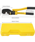 Haul The Heavy Duty 13 Ton Manual Hydraulic Rebar Cutter Steel Bolt Chain Cutting Tool with dimensions and yellow lockable box.