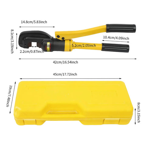 Haul The Heavy Duty 13 Ton Manual Hydraulic Rebar Cutter Steel Bolt Chain Cutting Tool with dimensions and yellow lockable box.