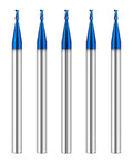 Five 1/32-inch solid carbide square end mills, 2-flute, blue-coated tips with silver shanks