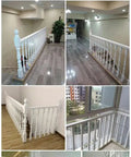 White Wooden Balusters in various indoor applications; solid poplar, showcasing staircase and porch design, Easy Peasy Install.
