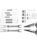 Rear Drum Brake Hardware Kit For Quick Pro Grade Drum Service With Springs Pins Retainers And Seals Multi Model Fit For DIYers And Shops Hassle Free Maintenance And Swift Reliable Brake Repair. silver steel brake springs, clips, pins, and adjuster parts laid out