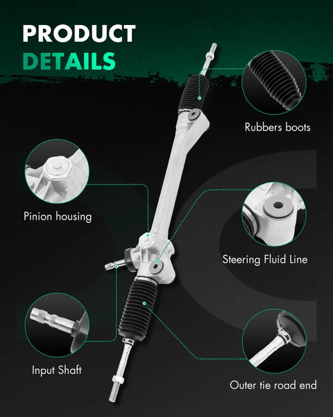 Power Steering Rack And Pinion Complete Assembly For Toyota Highlander 2008 2009 2010 2011 2012 2013 2.7L 3.5L V6 Drop In Ready Replacement, detailed view with pinion housing, input shaft, steering fluid line, and tie rod end.