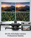 4K GPS Drone With 4.5 Inch HD Controller Screen showing brushless motors and EIS camera stability comparison.