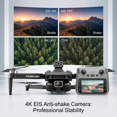4K GPS Drone With 4.5 Inch HD Controller Screen showing brushless motors and EIS camera stability comparison.