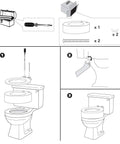 Illustration showing simple installation steps for round toilet seat riser, adds 3.5 inches of height, supports up to 300 lbs
