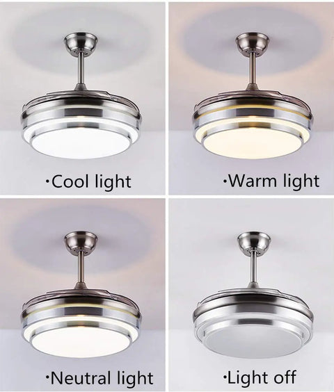 Dope 42 Inch Modern Ceiling Light With Remote Control And Retractable Blades showing 3 light color modes and light off view