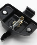 Bulletproof Four Piece Black Metal Table Locks Heavy Duty Desktop Securing Hardware Galvanized Steel Furniture Mounting Brackets With Screws, close-up view of lock with spring mechanism.