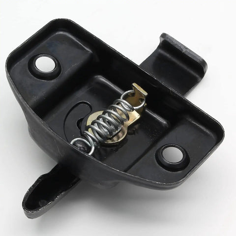 Bulletproof Four Piece Black Metal Table Locks Heavy Duty Desktop Securing Hardware Galvanized Steel Furniture Mounting Brackets With Screws, close-up view of lock with spring mechanism.