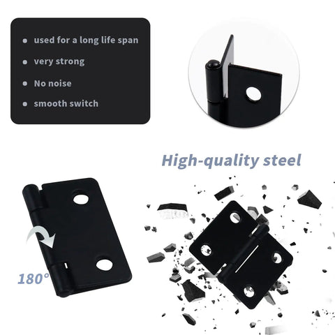 Twenty Four Heavy Duty Black Folding Butt Hinges With Smooth Swivel Function And Included Mounting Screws For Fast Cabinet Fixes and Woodworking Builds That Are Hella Durable And Ready To Roll, showing a close-up of hinge mechanism and steel material.