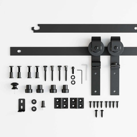 Upgraded 2.5 Foot Mini Folding Sliding Barn Door Hardware Kit For Two Doors Carbon Steel Construction Frosted Black Powder Coating