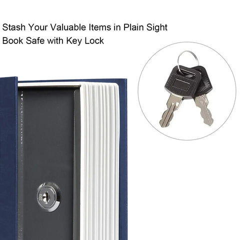 Hidden Book Safe With Key Lock And Dictionary Diversion Fake Book Safe For Cash And Valuables, small navy safe with keys shown.