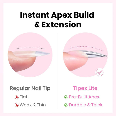 Comparison of regular nail tip and Tipex Lite with pre-built apex from All In One At Home Nail Extensions Kit With 256 Clear Stiletto Tips In 16 Sizes, Mini UV Lamp, 20g Nail Glue, Dehydrator, Primer, Base Coat And Top Coat For Pro Grade Salon Nails At Home