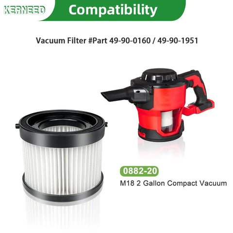 Three Pack HEPA Filter Kit For M18 Compact Vacuum 0882-20 Replacement 49-90-0160 49-90-1951 with vacuum and filter display